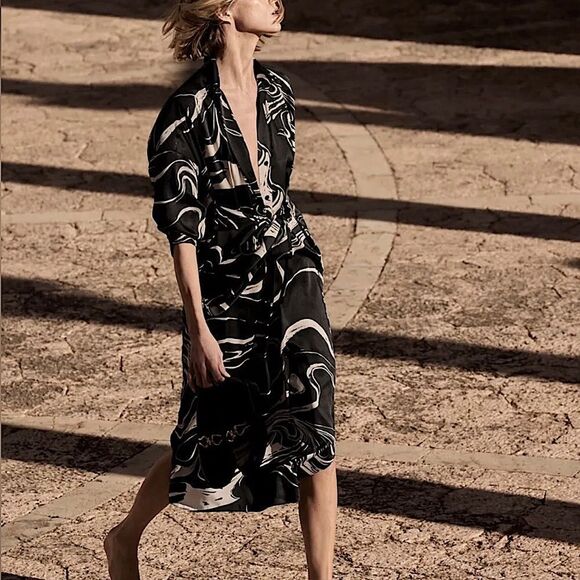 ZARA Marble Swirl Print Belted Midi Dress Size M • BLOGGER FAVORITE - Picture 1 of 11